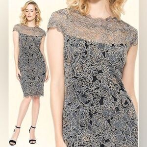 Tadashi Shoji Embroidered Rose Lace Mesh Steel Shadow Black Dress Size 4